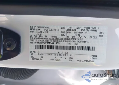 2021 Ford F-150 Xlt from USA, damaged, VIN 1FTEW1CP9MFA21953